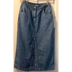 J. Jill Vintage Out of Blue Denim Midi Jean Skirt Size 8 Embroidered Western